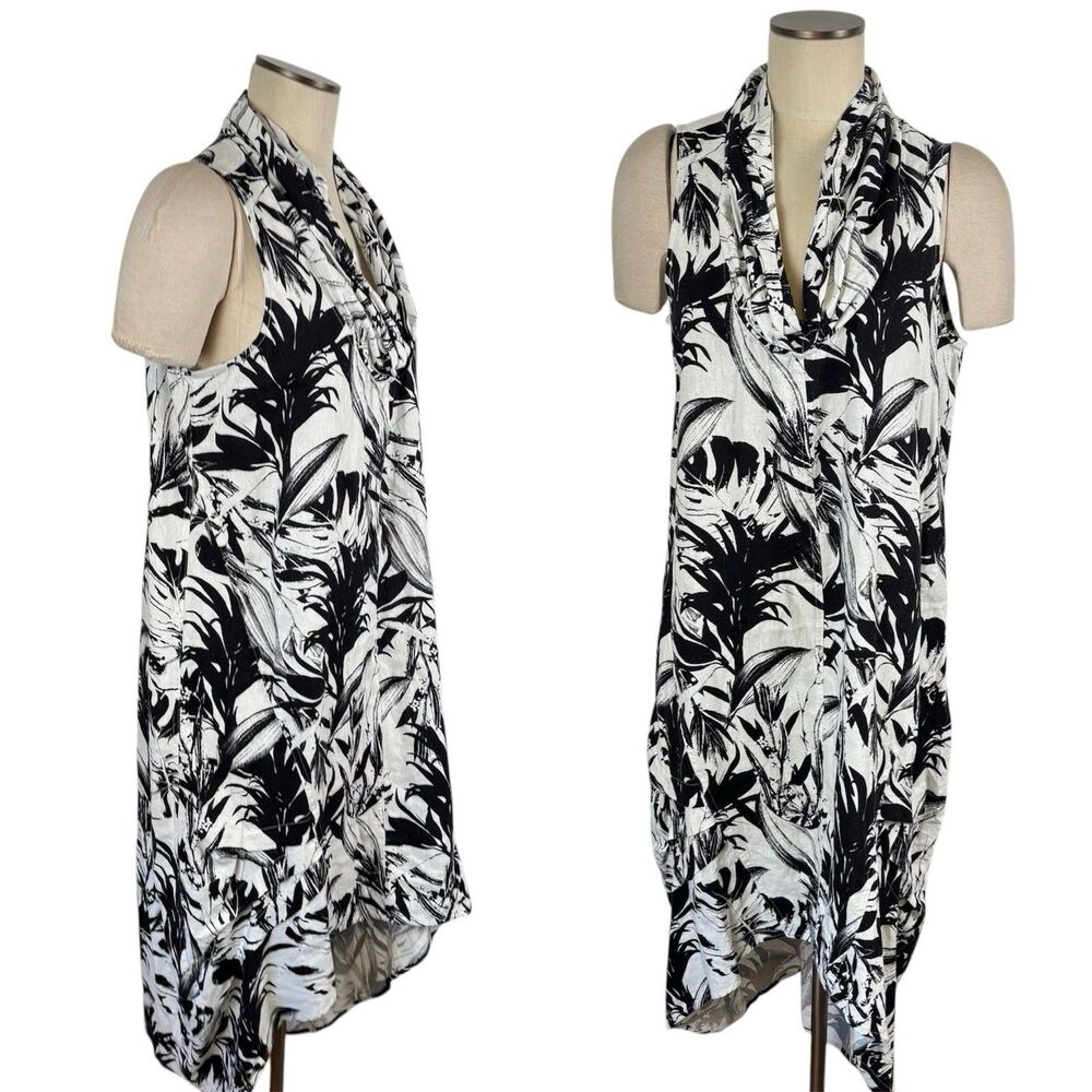 Cynthia Rowley Womens Large Black White Linen Blend Sleeveless High Low Dress